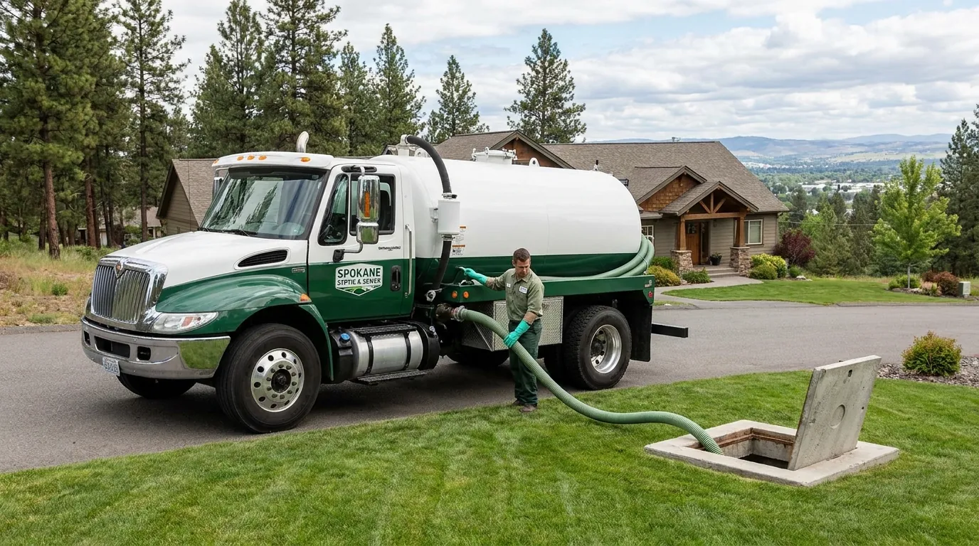 Septic service truck servicing a tank in the Spokane area