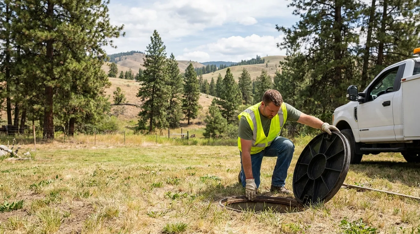 Inspector examining a septic system near Spokane