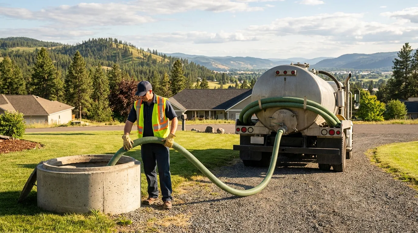 Technician pumping a septic tank near Spokane